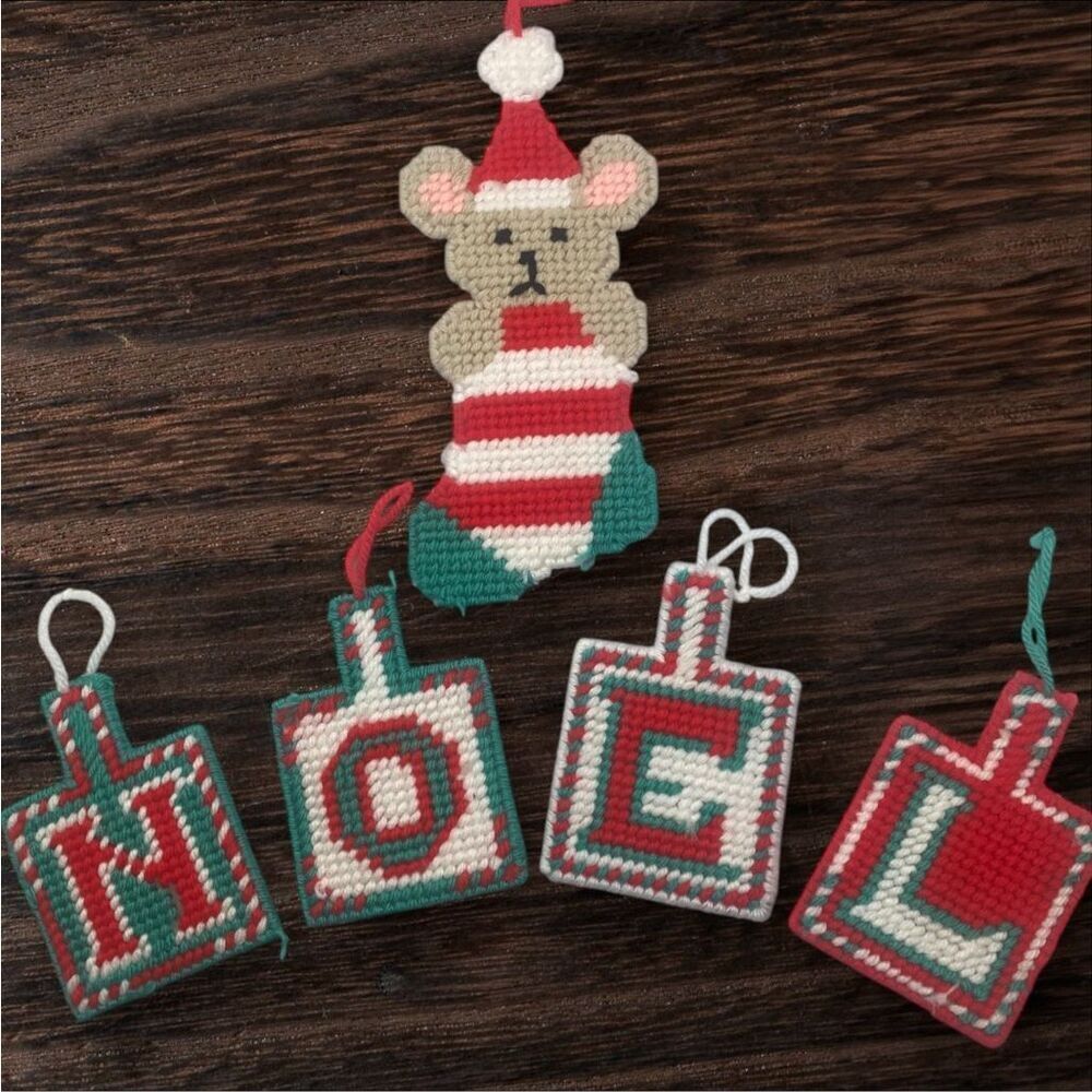 Vintage Handmade Plastic Canvas Christmas Ornaments Set Mouse Noel Holiday Decor